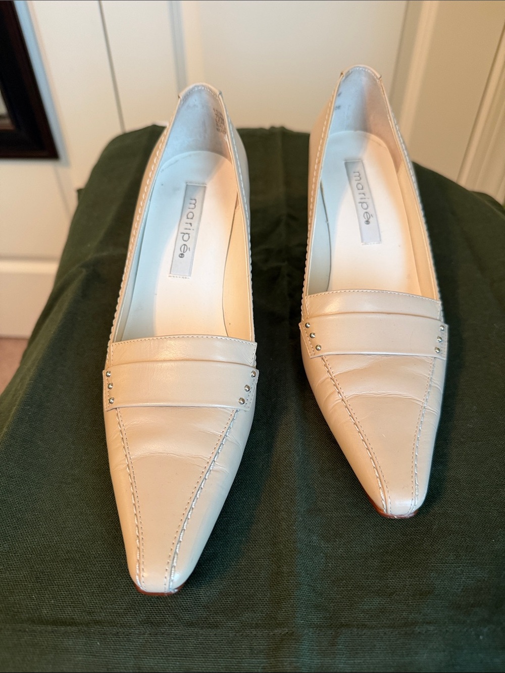 Maripe Cream Pointed-Toe Leather Heels with Stud Accent